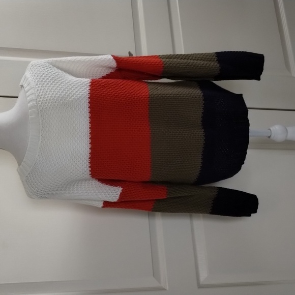 Color block sweater women's size Large orange navy olive and ivory striped - Picture 7 of 11